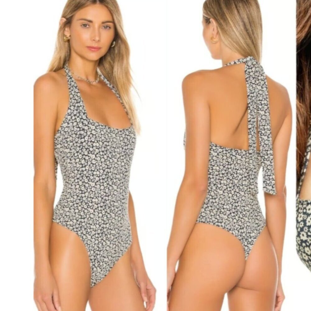 Free People Talk Back Floral Print Halter Bodysuit, Size S